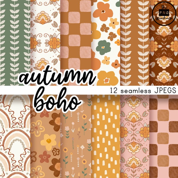 AUTUMN BOHO patterns - Digital Paper Pack - 12 JPegs - instant download - 300dpi - 12x12  seamless patterns backgrounds retro patterns