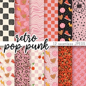 Retro Pop Punk Muster - Digital Paper Pack - 12 JPegs - sofortiger Download - 300dpi - 12x12 Zoll nahtlose Muster Hintergründe rosa y2k