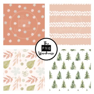 BOHO NATURMÖNSTER - Seamless Pattern Pack - 12 JPegs direktnedladdning 300 dpi 12x12 tum digitala pappersbakgrunder träd löv salvia rost bild 3