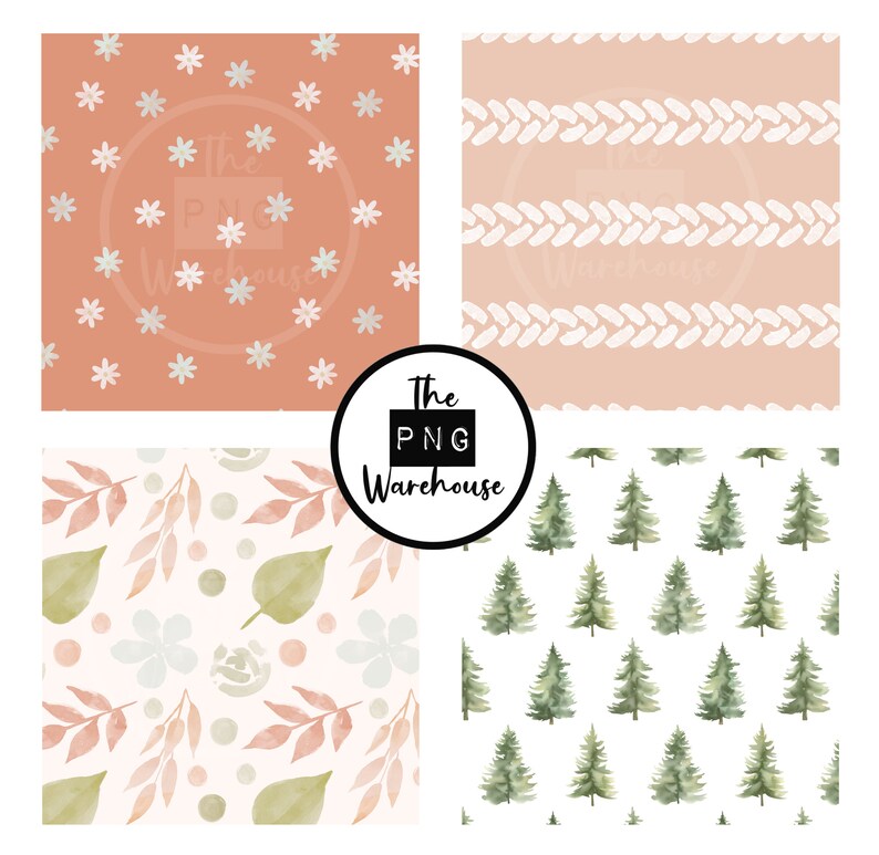 BOHO NATURMÖNSTER - Seamless Pattern Pack - 12 JPegs direktnedladdning 300 dpi 12x12 tum digitala pappersbakgrunder träd löv salvia rost bild 3