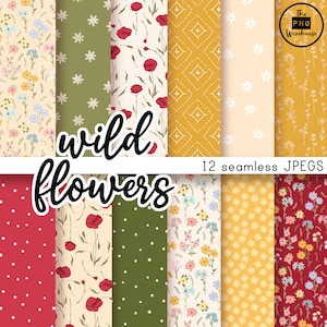 WILD FLOWERS - Digital Paper Pack - 12 JPegs - sofortiger Download - 300dpi - 12x12 Zoll - nahtlose Muster Hintergründe Mohnblumen Mohn Daisy