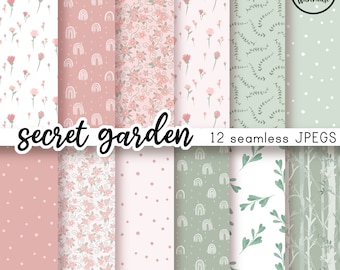 SECRET GARDEN - Digital Paper Pack - 12 JPegs - instant download - 300dpi - 12x12 inches - seamless patterns backgrounds trees woods floral