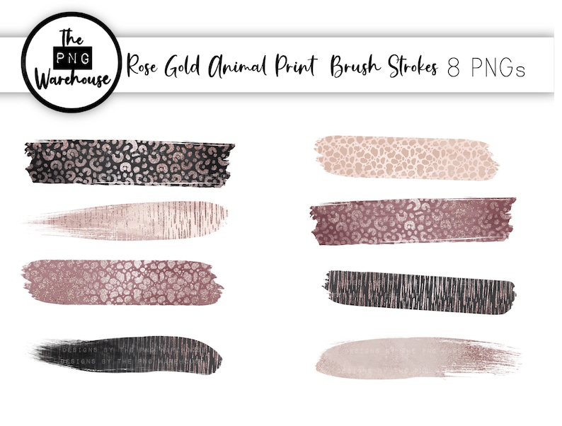 8 png clip art designs instant download 300 dpi brush strokes beige glitter neutrals tiger cow 8 ROSE GOLD animal print BRUSHSTROKES
