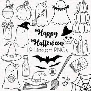 HAPPY HALLOWEEN Lineart Elements - 19 png clip art designs - instant download 300 dpi line art non filled hand drawn elements doodles black