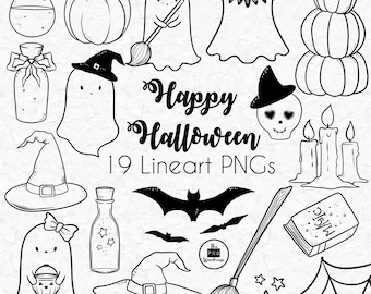 HAPPY HALLOWEEN Lineart Elements - 19 png clip art designs - instant download 300 dpi line art non filled hand drawn elements doodles black