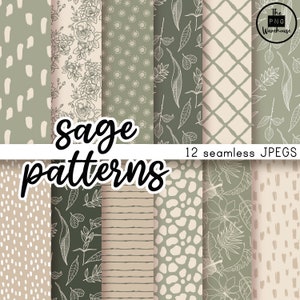 SAGE BOHO PATTERNS Digital Paper Pack - 12 JPegs - instant download - 300dpi - 12x12 inches seamless patterns backgrounds modern botanical