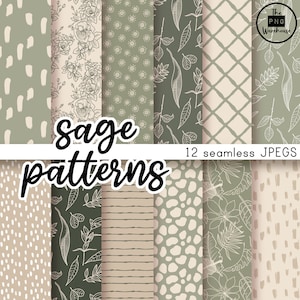 SAGE BOHO PATTERNS Digital Paper Pack - 12 JPegs - instant download - 300dpi - 12x12 inches seamless patterns backgrounds modern botanical