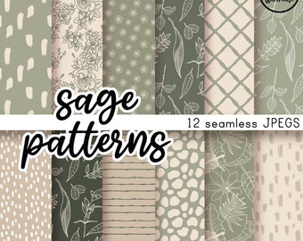 SAGE BOHO PATTERNS Digital Paper Pack - 12 JPegs - instant download - 300dpi - 12x12 inches seamless patterns backgrounds modern botanical