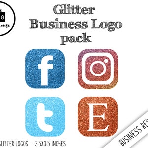 May include: Four large glitter logos, each measuring 3.5 inches by 3.5 inches. The logos are for Facebook, Instagram, Twitter, and Etsy. The logos are on a white background.