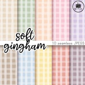 May include: A collection of ten seamless gingham patterns in soft pastel colors, including beige, green, peach, pink, and lavender. The text "soft gingham" is displayed in a cursive font, with "10 seamless JPEGS" below.