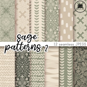 SAGE BOHO PATTERNS v2 Digital Paper Pack - 12 JPegs - natychmiastowe pobranie - 300 dpi 12x12 cali bezszwowe wzory tła nowoczesne botaniczne