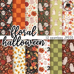 May include: Twelve digital paper patterns featuring a floral Halloween theme. The patterns include pumpkins, ghosts, skulls, and witch hats on a background of orange, green, and white flowers.