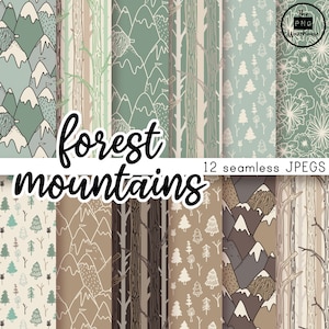 FOREST + MOUNTAINS - Digital Paper Pack - 12 JPegs - instant download - 300dpi - 12x12 inches - seamless patterns backgrounds teal green