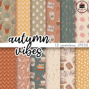 VIBRAS DE OTOÑO - Paquete de papel digital - 12 JPegs - descarga instantánea - 300dpi - 12x12 pulgadas - fondos de patrones sin fisuras hoja de otoño rosa boho