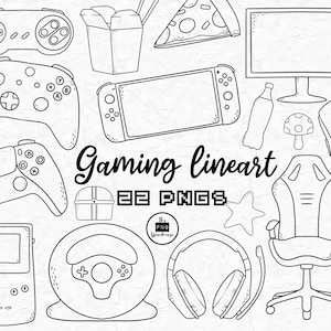 GAMING Lineart Elements - 22 projekty clipartów png - natychmiastowe pobranie 300 dpi line art niewypełnione ręcznie rysowane elementy bazgroły czarna gra wideo