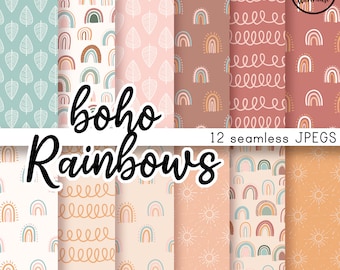 May include: A set of 12 digital paper patterns featuring boho rainbows in various colors and designs. The patterns include rainbows, suns, leaves, and swirls. The text "boho rainbows" and "12 seamless JPEGS" is included in the image.
