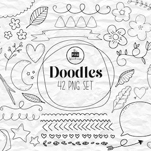 DOODLES Lineart Elements - 42 projekty clipartów png - natychmiastowe pobranie 300 dpi line art niewypełnione ręcznie rysowane elementy bazgroły czarny dziennik