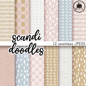 May include: Twelve seamless digital paper patterns in a Scandinavian style with geometric shapes and doodles in beige, light pink, and light blue colours. The text "Scandi doodles" and "12 seamless JPEGS" is included in the image.