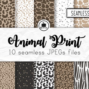 Puede incluir: Un conjunto de 10 patrones de estampado de animales sin costuras en formato JPEG. Los patrones incluyen estampados de leopardo, guepardo, cebra, jirafa y otros estampados de animales en varios colores, incluidos el negro, el blanco, el marrón y el beige.