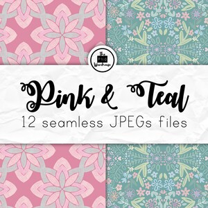 May include: A digital download of 12 seamless patterns in pink and teal colors. The patterns feature floral and geometric designs.