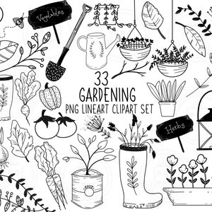 GARDENING Lineart Elements - 33 png clip art designs - instant download 300 dpi -line art niet gevulde handgetekende elementen doodles zwart wit