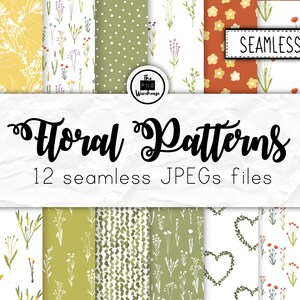 May include: A set of 12 floral patterns in JPEG format. The patterns feature various floral designs, including simple flowers, polka dots, and hearts. The text "SEAMLESS" is visible in the top right corner of the image.