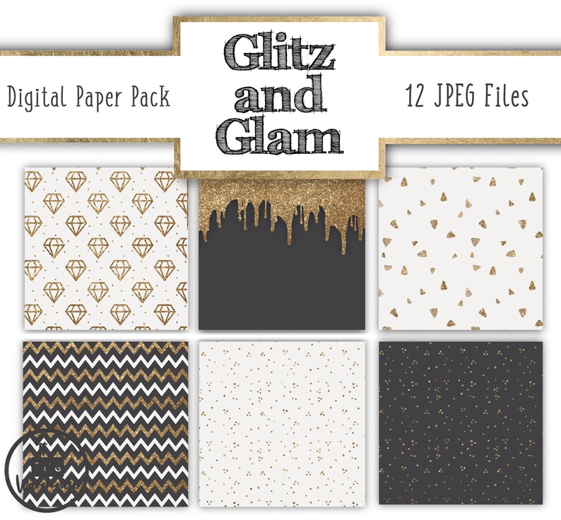 gold grey glitter sparkle patterns diamonds dots 12x12 inches 300dpi Digital Paper Pack 12 JPegs GLITZ and GLAM instant download