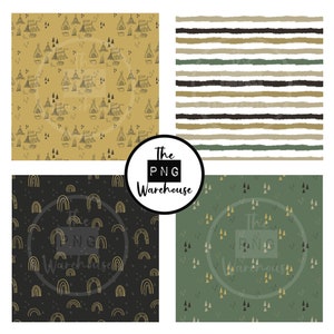 May include: Four digital paper patterns featuring a variety of designs. The first pattern is a yellow background with black tents and trees. The second pattern is a green background with black triangles. The third pattern is a black background with gold arches. The fourth pattern is a white background with black, green, and brown stripes.