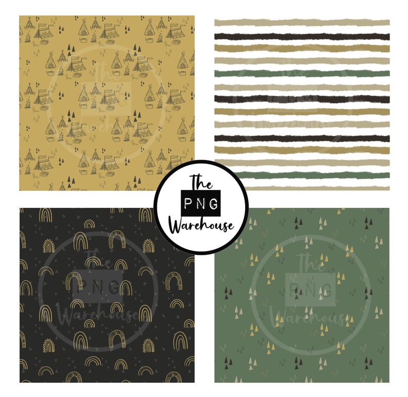 May include: Four digital paper patterns featuring a variety of designs. The first pattern is a yellow background with black tents and trees. The second pattern is a green background with black triangles. The third pattern is a black background with gold arches. The fourth pattern is a white background with black, green, and brown stripes.