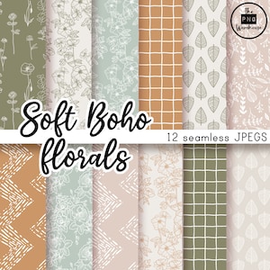SOFT BOHO FLORALS - Digital Paper Pack - 12 JPegs - instant download - 300dpi - 12x12 inches - seamless patterns backgrounds flower leaves