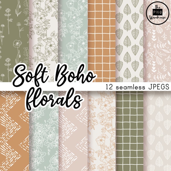 SOFT BOHO FLORALS - Digital Paper Pack - 12 JPegs - instant download - 300dpi - 12x12 inches - seamless patterns backgrounds flower leaves