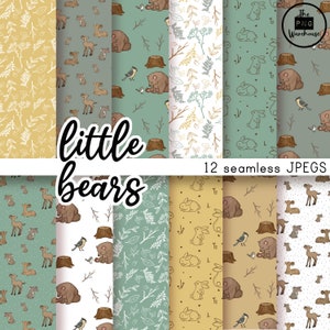 Pode incluir: Um conjunto de 12 padrões de papel digital sem costura com adoráveis animais da floresta, incluindo ursos, coelhos e veados. Os padrões são de várias cores, incluindo verde, marrom, amarelo e branco. Os padrões são perfeitos para scrapbooking, criação de cartões e outros projetos de artesanato.  "little bears" e "12 seamless JPEGs" estão escritos na imagem.