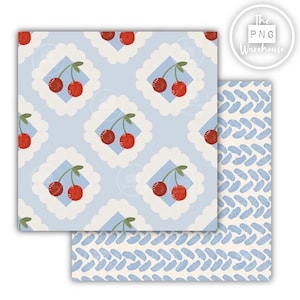 May include: Two sheets of patterned paper. One features a light blue background with a repeating pattern of red cherries within white scalloped frames. The other has a cream background with a blue brushstroke design. The PNG Warehouse logo is in the upper right corner.