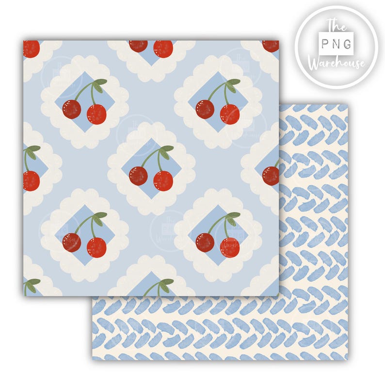 May include: Two sheets of patterned paper. One features a light blue background with a repeating pattern of red cherries within white scalloped frames. The other has a cream background with a blue brushstroke design. The PNG Warehouse logo is in the upper right corner.