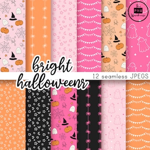 BRIGHT HALLOWEEN - Digital Paper Pack - 12 JPegs - download istantaneo - 300dpi - 12 x 12 pollici - sfondi senza cuciture rosa carino arancione