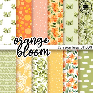 ORANGE BLOOM PATTERNS - Seamless Pattern Pack - 12 JPEGs sofortiger Download 300dpi 12x12 Zoll digitales Papier Hintergründe gelbe Blumen Blatt