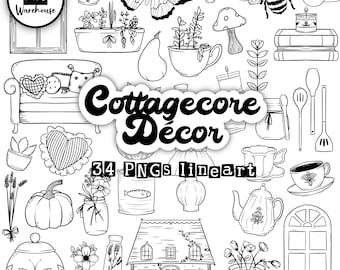 Cottagecore Line Art Clipart Bundle | 34 Hand Drawn PNGs | Cozy Home Decor, Vintage Illustrations, Black & White Aesthetic Graphics doodles