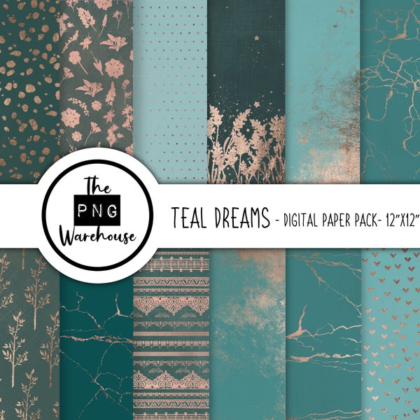 TEAL DREAMS - Digital Paper Pack - 12 JPegs - instant download - 300dpi - 12x12 inches - rose gold pink grey foil glitter metallic crack set