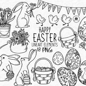 HAPPY EASTER Lineart Elements - 19 png diseños de imágenes prediseñadas - descarga instantánea 300 dpi line art non filled elementos dibujados a mano garabatos negro