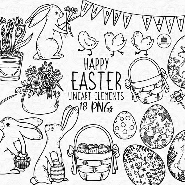 HAPPY EASTER Lineart Elements - 19 png clip art designs - instant download 300 dpi line art non filled hand drawn elements doodles black