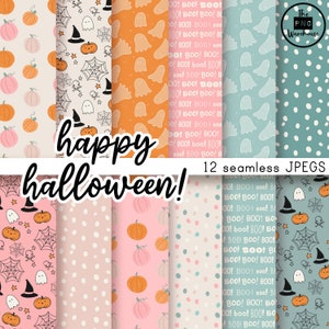 May include: Twelve digital paper designs featuring Halloween themes. The designs include ghosts, pumpkins, stars, spiderwebs, and polka dots in various colors, including orange, pink, blue, and white. The text "happy halloween!" is written in black cursive.