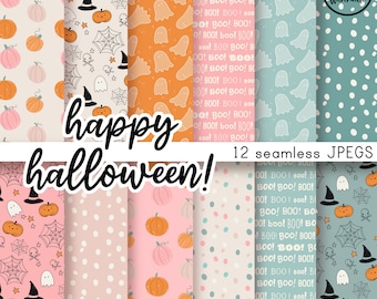 HAPPY HALLOWEEN - Digital Paper Pack - 12 JPegs - instant download - 300dpi - 12x12 inches - seamless patterns backgrounds pumkins pink boho