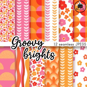 GROOVY BRIGHTS PATTERNS - Seamless Pattern Pack - 12 JPegs - sofortiger download - 300dpi 12x12 Zoll digitales Papier Hintergründe retro 60er Jahre rosa