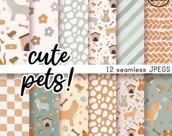 May include: Twelve seamless digital paper patterns featuring cute pets, including dogs, cats, and birds. The patterns are in a variety of colors, including brown, beige, white, and green. The patterns are perfect for scrapbooking, card making, and other craft projects.