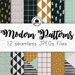 Puede incluir: Doce patrones de papel digital sin costuras en un estilo moderno. Los patrones incluyen formas geométricas, lunares, rayas y diseños abstractos en negro, blanco, gris, rosa y verde.