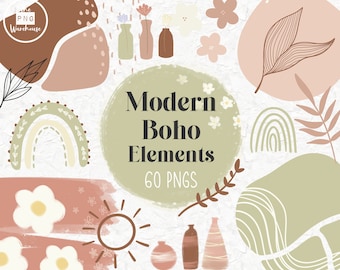 MODERN BOHO ELEMENTS - 60 png clip art designs - instant download 300 dpi - png download - boho flowers shapes abstract sage pink elements