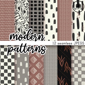 May include: A set of 12 seamless digital patterns in a modern style. The patterns feature geometric shapes, lines, and abstract designs in black, white, gray, and brown.