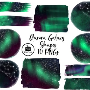 10 AURORA GALAXY SHAPES - 10 png clip art designs - instant download 300 dpi - sterrenbeelden aquarel dagboek planner dagboek sterren lichten