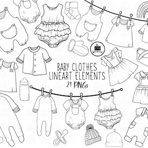 BABY KLEIDUNG Lineart Elements - 21 png Clip Art Designs - instant download 300 dpi line art non filled handgezeichnete Elemente doodles schwarz