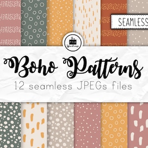 May include: A set of 12 seamless digital patterns in a boho style. The patterns feature various geometric shapes, including circles, triangles, and stripes. The patterns are in a variety of colours, including beige, brown, orange, and pink. The patterns are perfect for use in digital scrapbooking, card making, and other craft projects.